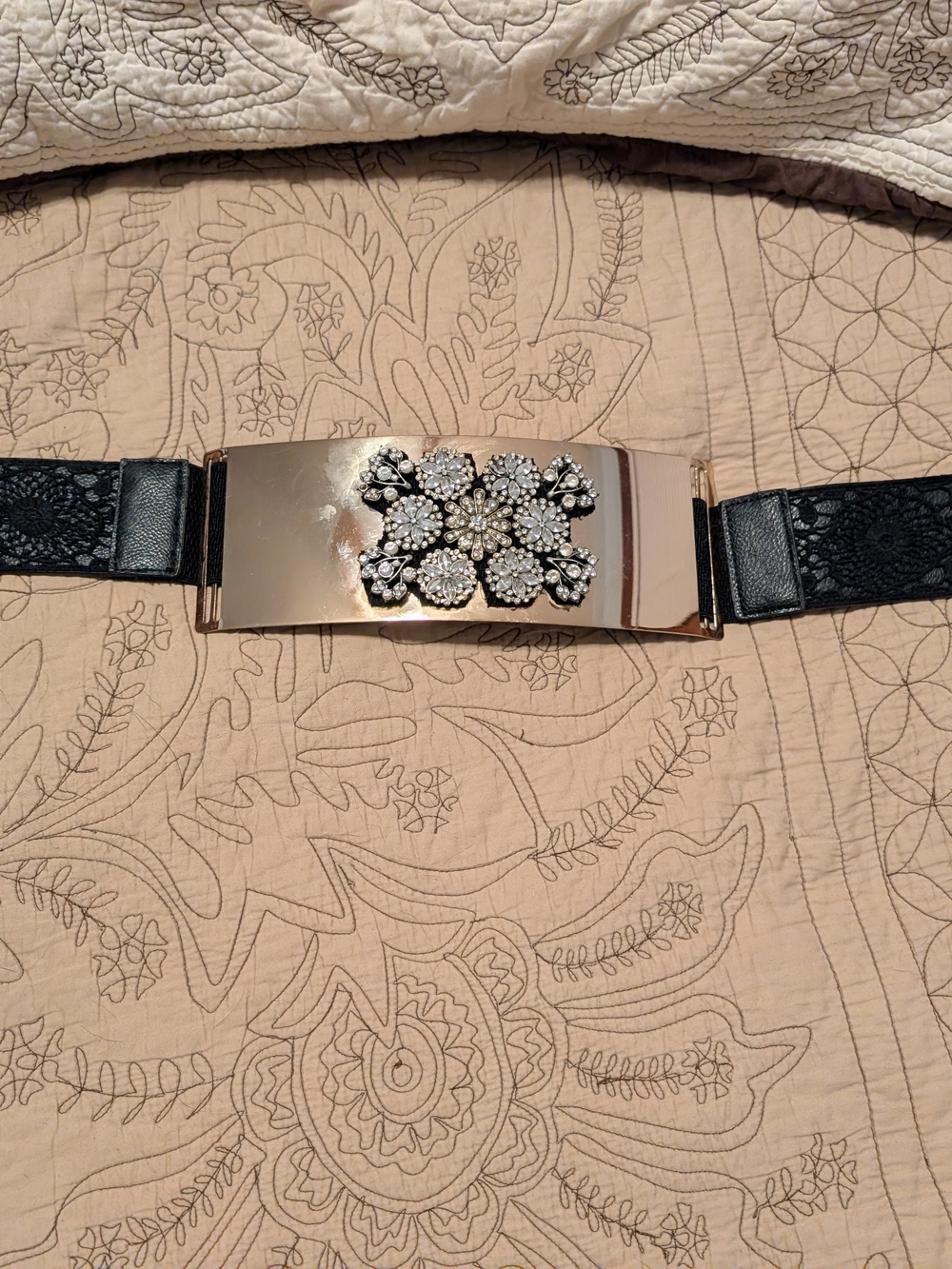 Black Elastic Women's Belt with Gold-Tone Floral Crystal Buckle
